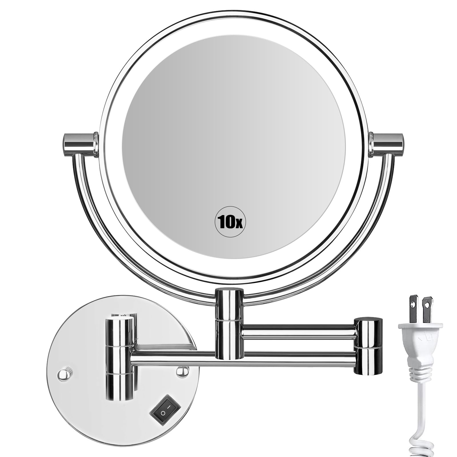 SanaWell8 Inch LED Wall Mounted Makeup Mirror Double Sided with 1X/10X Magnification Extendable Lighted Magnifying Vanity Mirror with Light 360° Swivel Mirror Powered by Plug in (Chrome)