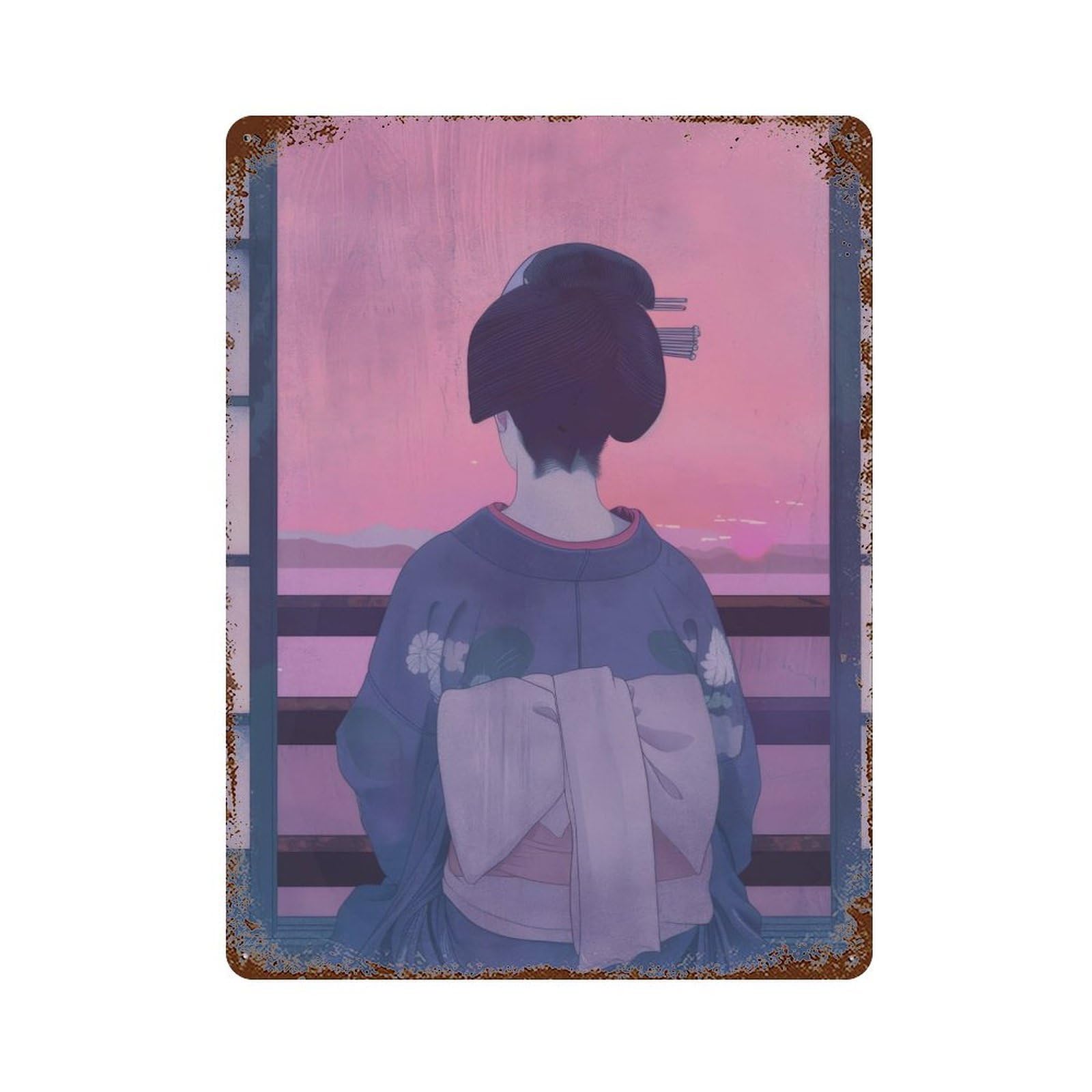 Rusty Metal Tin Sign Geisha Retro 15.7"x11.8", Industrial Home Decor for Patio, Garden Room And Bar Decor
