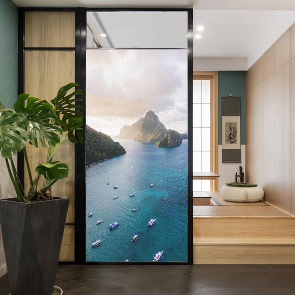 Window Film Privacy Natural Scenery Decorative Stained Glass Siding Glass Door Shade Film Stickers Window Treatments Window Coverings Glass Sticker 34.6"x70.9"(88x180cm)