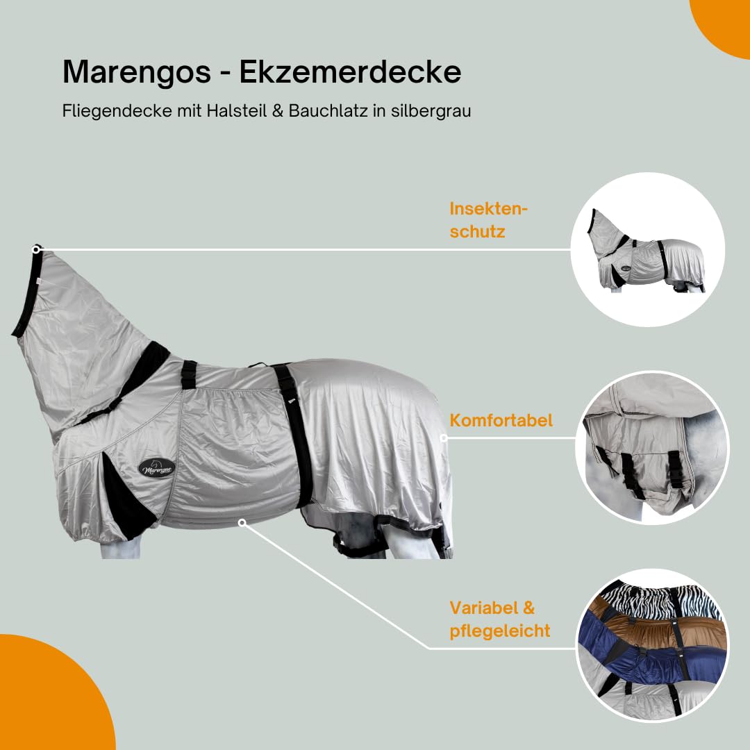 Marengos - Ekzemerdecke mit Halsteil & Bauchlatz – Fliegendecke aus feinmaschigem Gewebe – Schutz v. Insekten – doppelter Frontverschluss & Gehfalte – Pferdedecke in Silbergrau – 135cm