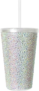 Strass Rhinestone Tumbler, Straw and Lid Included, BPA-Free Acrylic, Glamorous Insulated Drinkware, Silver iridescent, 16 Ounces, Sold Individually