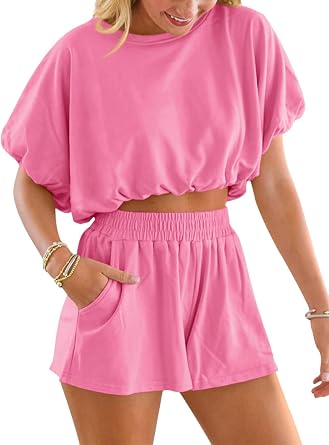 Womens 2 Piece Shorts Sets Summer Bubble Crop Tops Casual Loose Lounge Set 2026 Travel Outfits