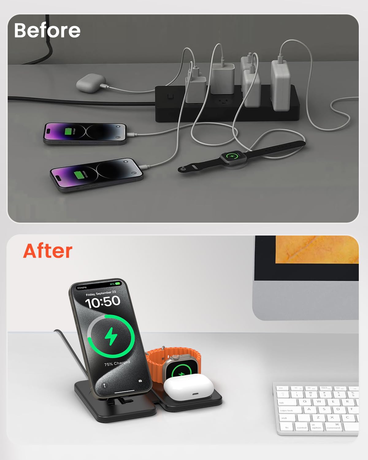 GEEKERA Caricatore con Magsafe, 3 in 1 Stazione di Ricarica per Apple Watch e iPhone 16/15/14/13/12/Pro Max/mini, Caricatore Wireless per iWatch 2-Ultra 2, Base Caricabatterie per AirPods 2-Pro-Nero