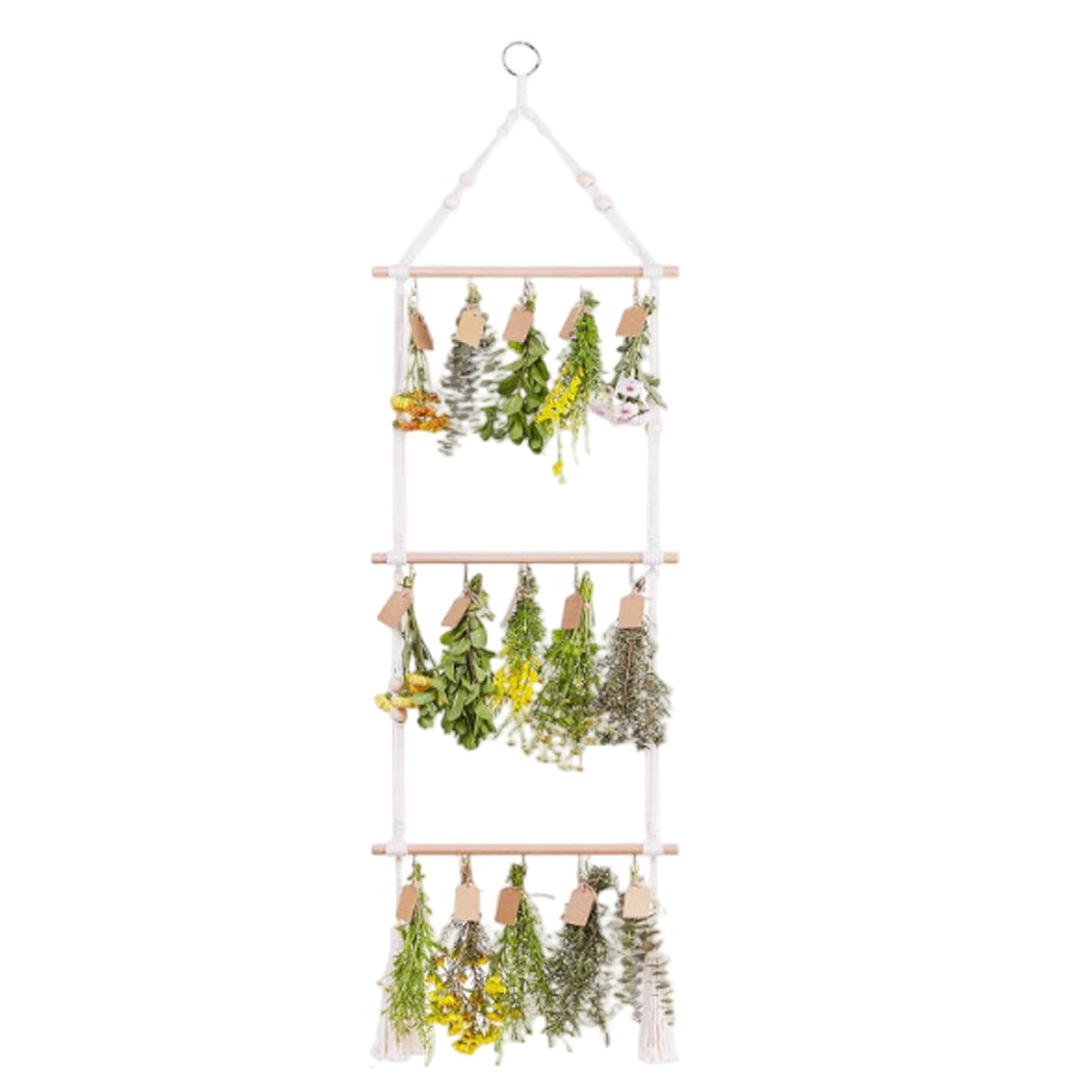 CNAFGBGG Herb Drying Rack Hanging, 48x14 Inch 3 Tiers Herb Dryer with 15 Hooks, Cotton Rope Woven Flower Grass Drying Rack..