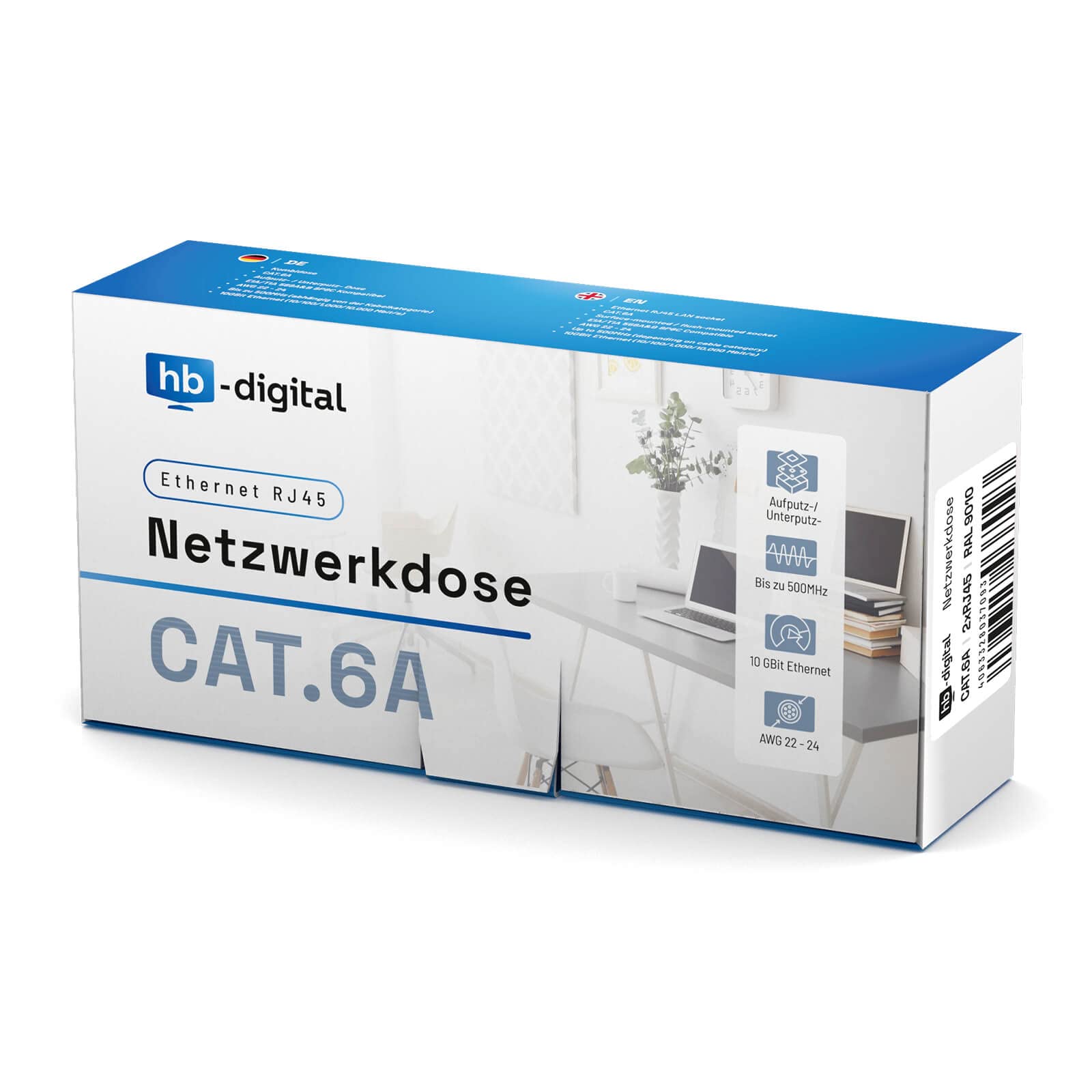 hb-digital 10 enchufes de red CAT 6a para CAT.8 CAT.7 CAT.6A CAT.6 CAT.5 cable de instalación con 2 puertos RJ45 | Caja de datos universal EIA/TIA 568A&B 8P8C Gigabit Ethernet RAL9010 blanco