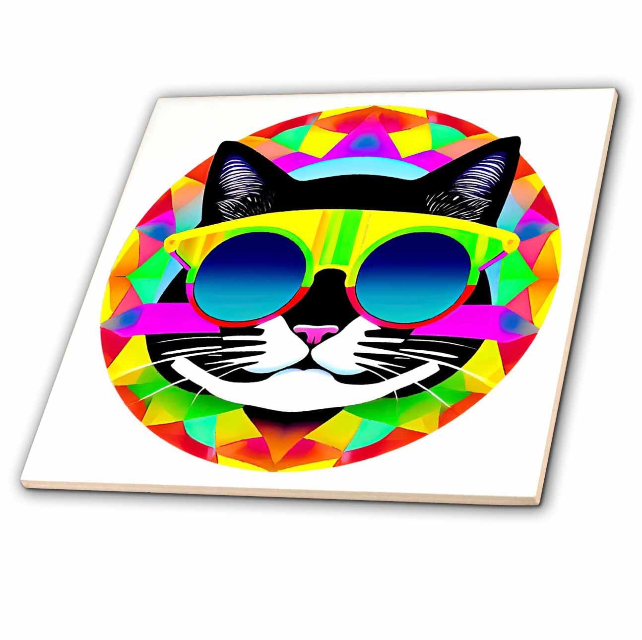 6 Inch Glass Tile - Funny cat in Sunglasses Positive Round Family Friendly Gift or Charm Alexis Design - Animals Cat in Round Frame