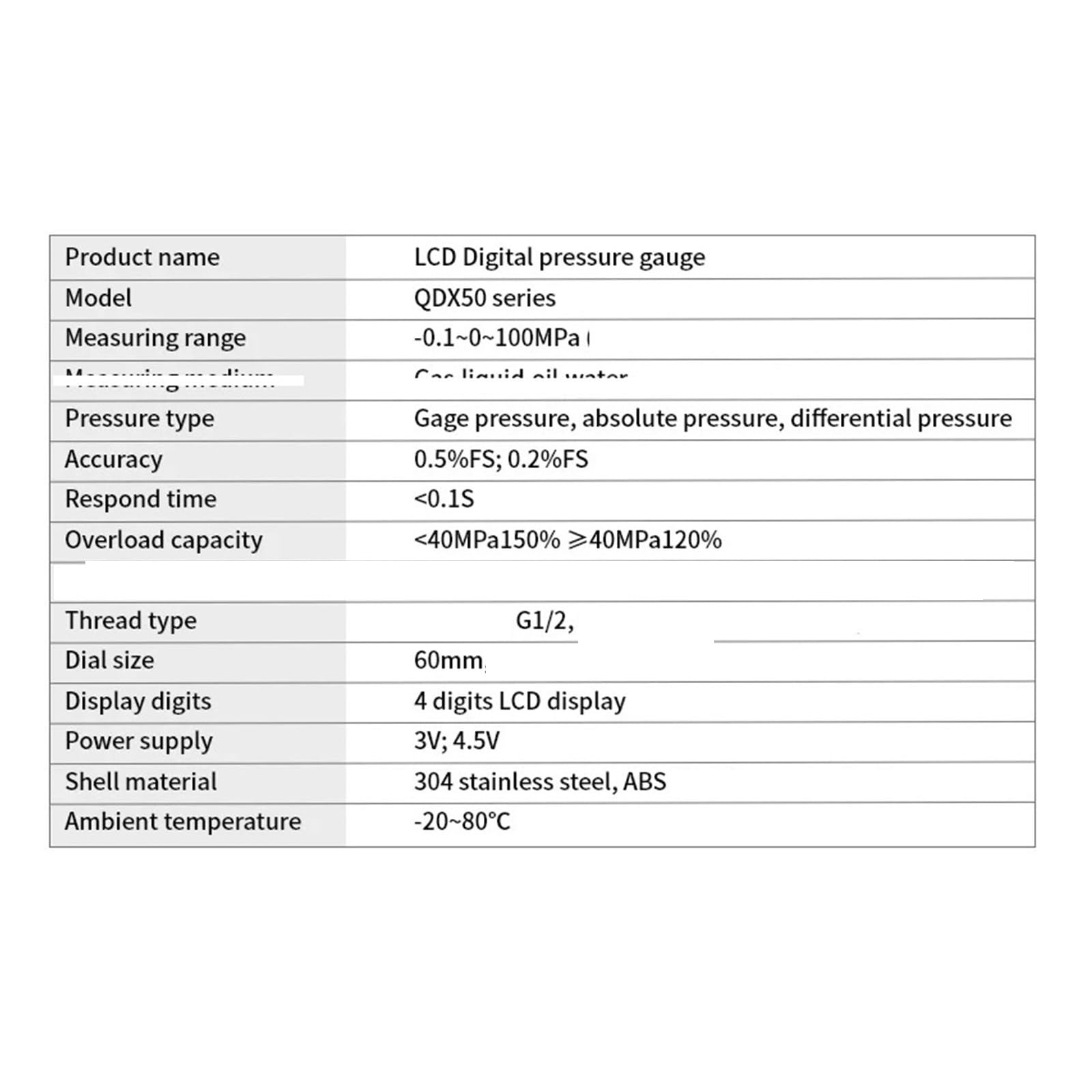 LCD-Digitalmanometer, 0–600 bar, mechanisches Manometer G1/2, digitales Manometer for Luft/Öl/Wasser-Messwerkzeug(0-100KPa,Npt1-2 Radial)