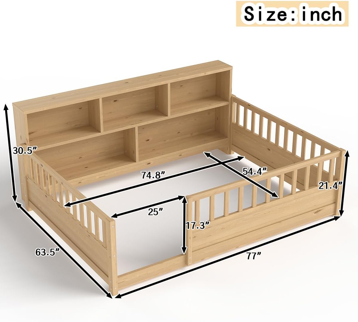 Montessori Bed Full for Kids, Wooden Floor Bed Frame with Bookcase, Storage Shelves & Safety Fence Rails, Full Size Floor Bed Without Slats for Kids, Girls, Boys, No Box Spring Needed, Natural