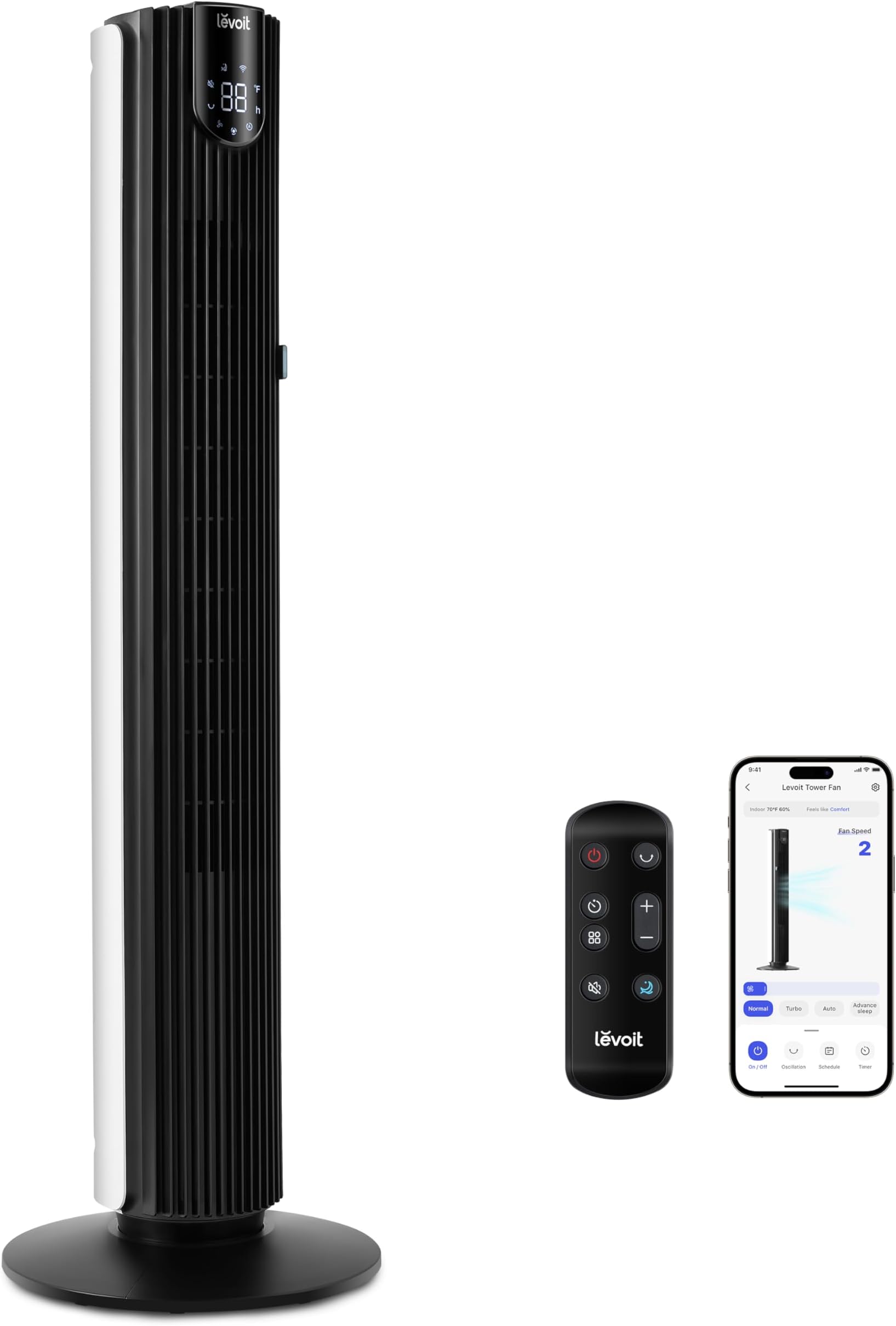 LEVOIT Smart Control 25dB Silent Tower Fan 42Inch, 7.9m/s Powerful Electric Coolness Fan for Bedroom, DC Motor, 90° Oscillating and 60° Up and Down, Voice Control 4 Modes 12 Speeds 【2-Years Warranty】