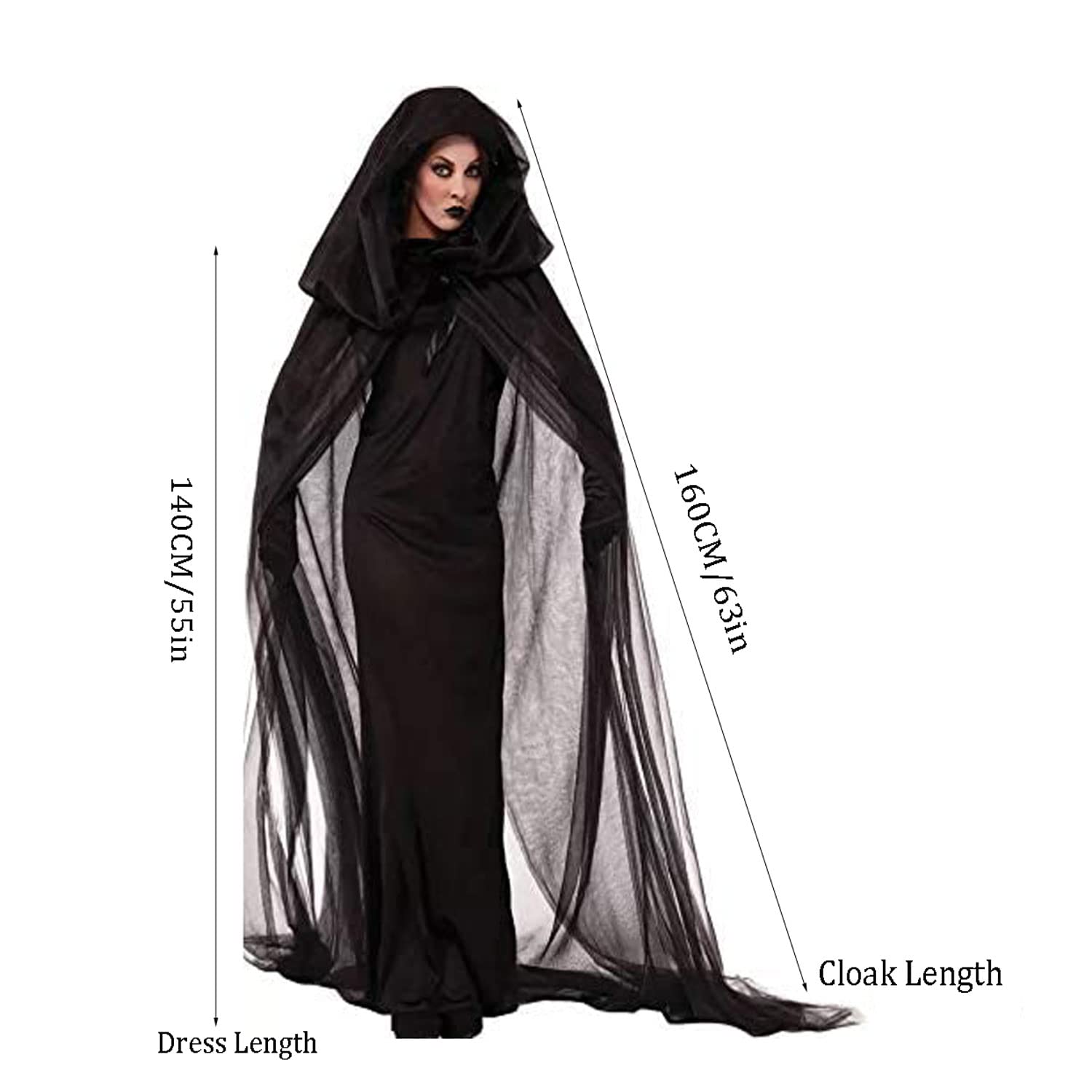 ITODA Halloween Ghost Bride Costume Full Length Corpse Bride Dress Black Gothic Vampire Outfit Zombie Wedding Dress Wicked Witch Cloak Halloween Haunted Ghost Fancy Cape - Image 5