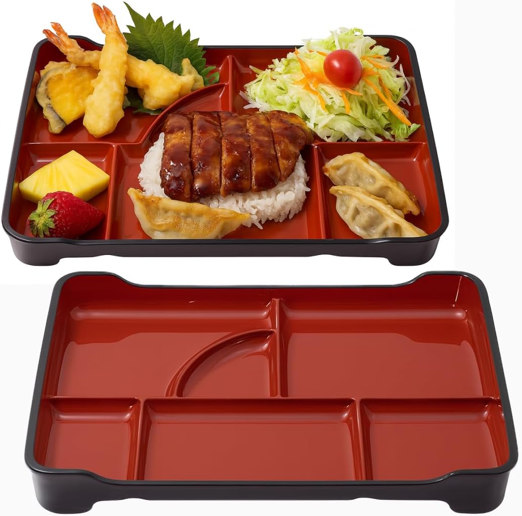 JapanBargain 1590, Japanese Lunch Bento Box Traditional Plastic Lacquered Bento Plate 6 Compartments for Restaurant or Home, Red and Black Color, 14"x9.25", Made in Japan, 2 Pack