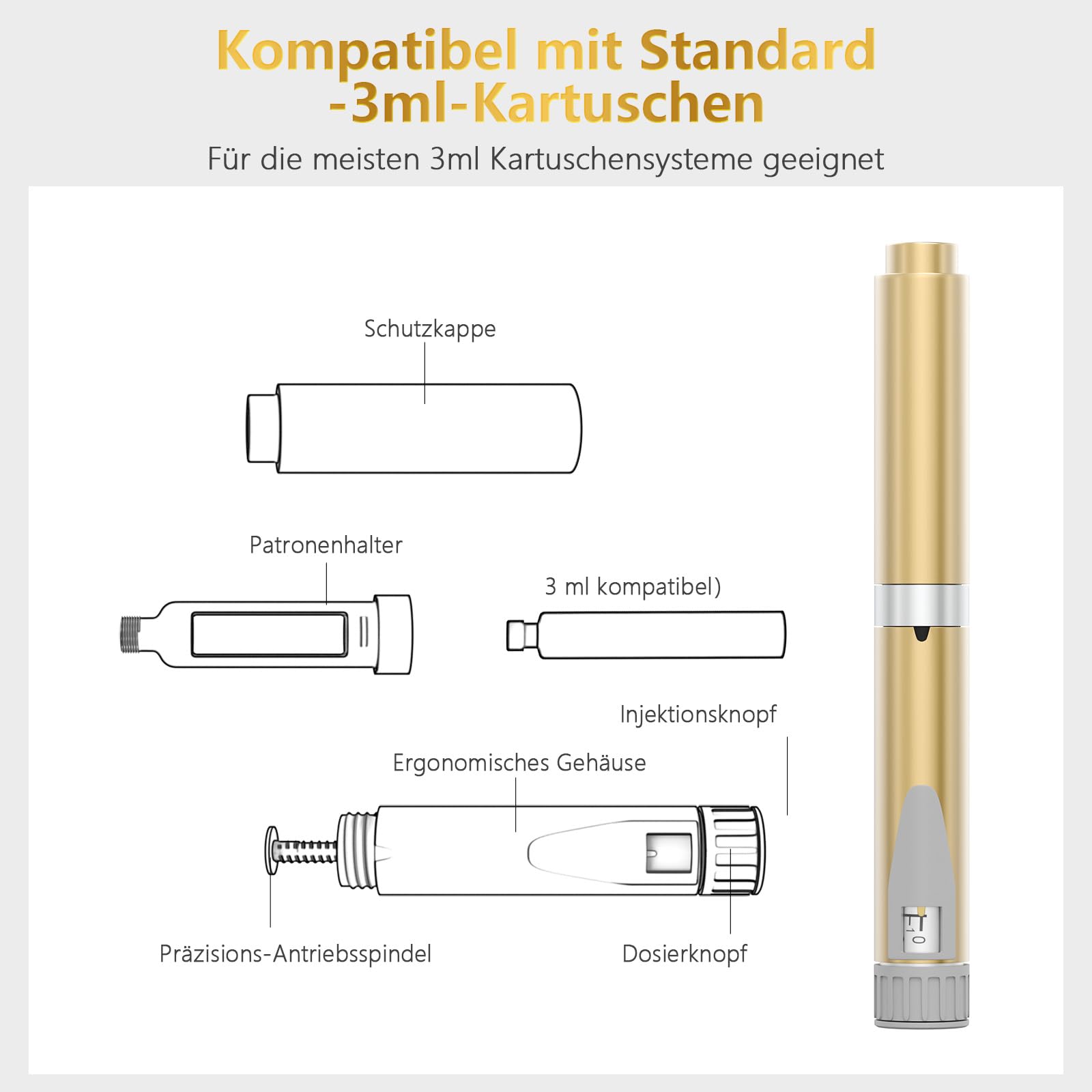 Bolígrafo de Insulina Reutilizable para Cartuchos de 3 ml,1–60 Un | Dosificación Precisa de ,Inyector Compatible con Cartuchos Estándar, Cuerpo Metálico Portátil