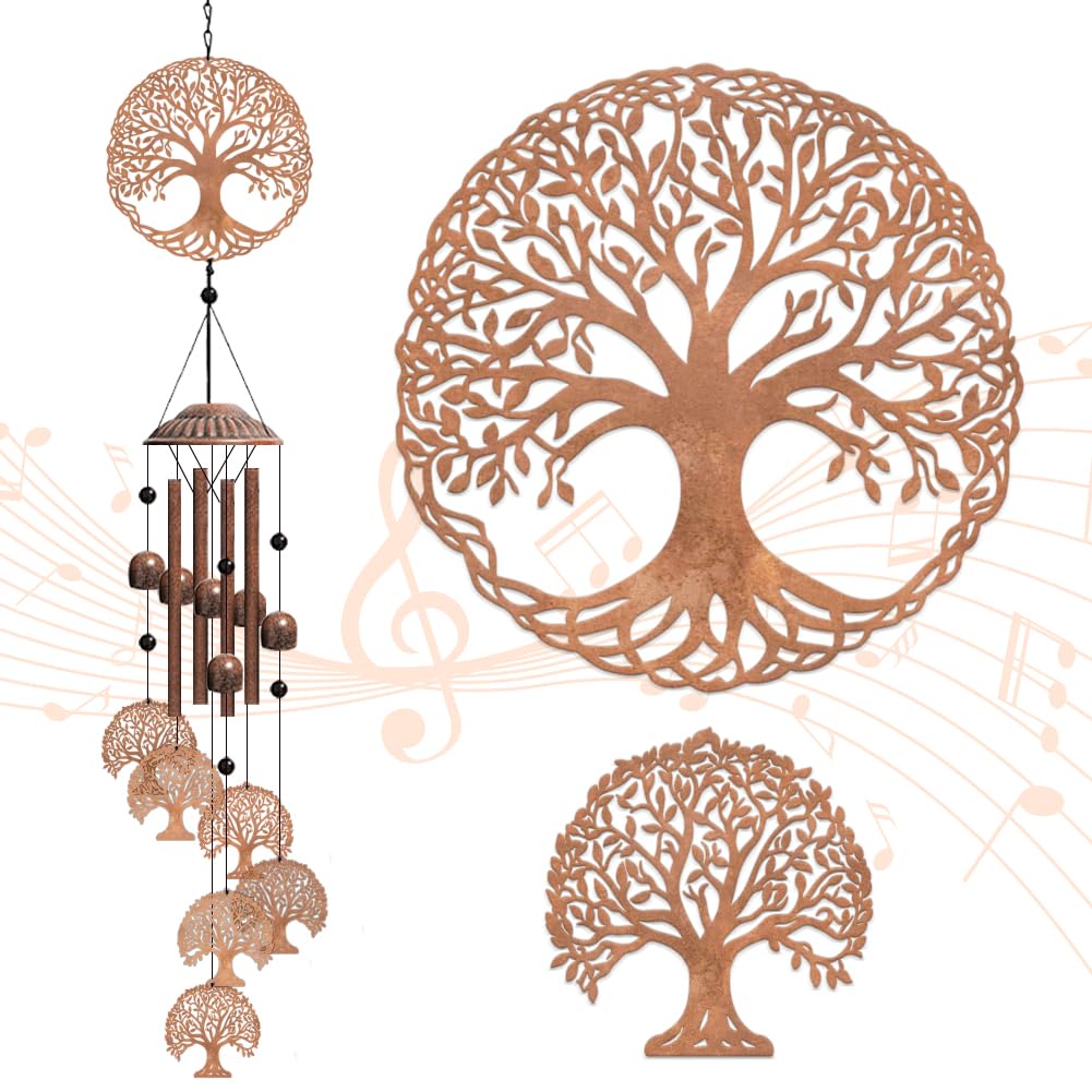 OLYCRAFT Arbre De Vie Carillon De Vent En Plein Air Carillon De Vent Mémorial De Sympathie En Fer Présentant Cloche Patio Cour Maison Jardin Décoration Pendentif 79.9cm