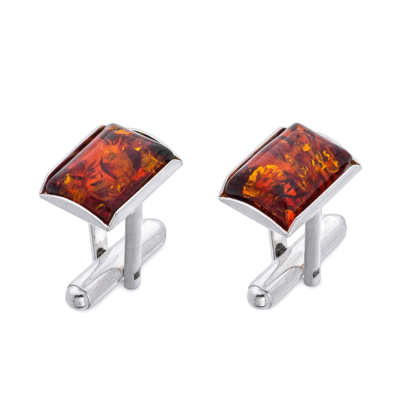 Gemelli da Uomo in Argento Maldive con Ambra, Argento Sterling Lucido, Ambra Baltica Rettangolare Moderna, Set Regalo