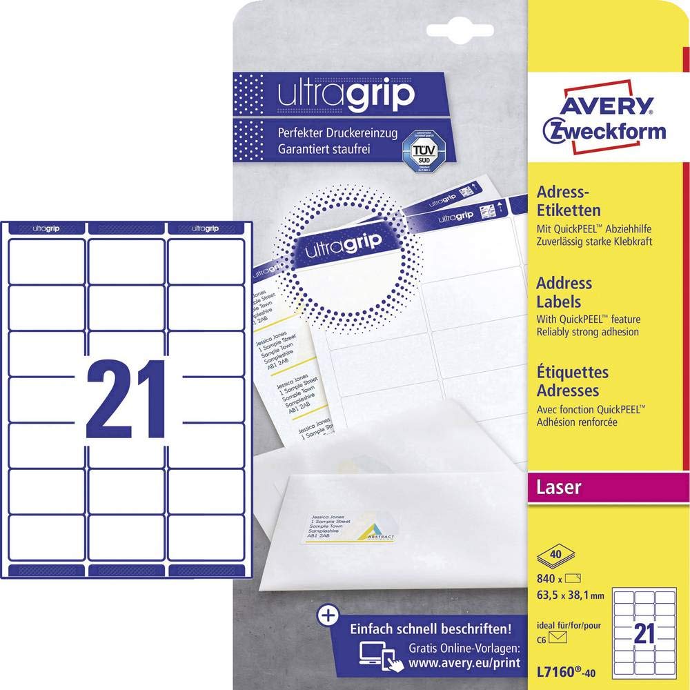 Avery Zweckform L7160-40 Address Labels 63.5 x 38.1 mm for C6 Envelopes 40 Sheets