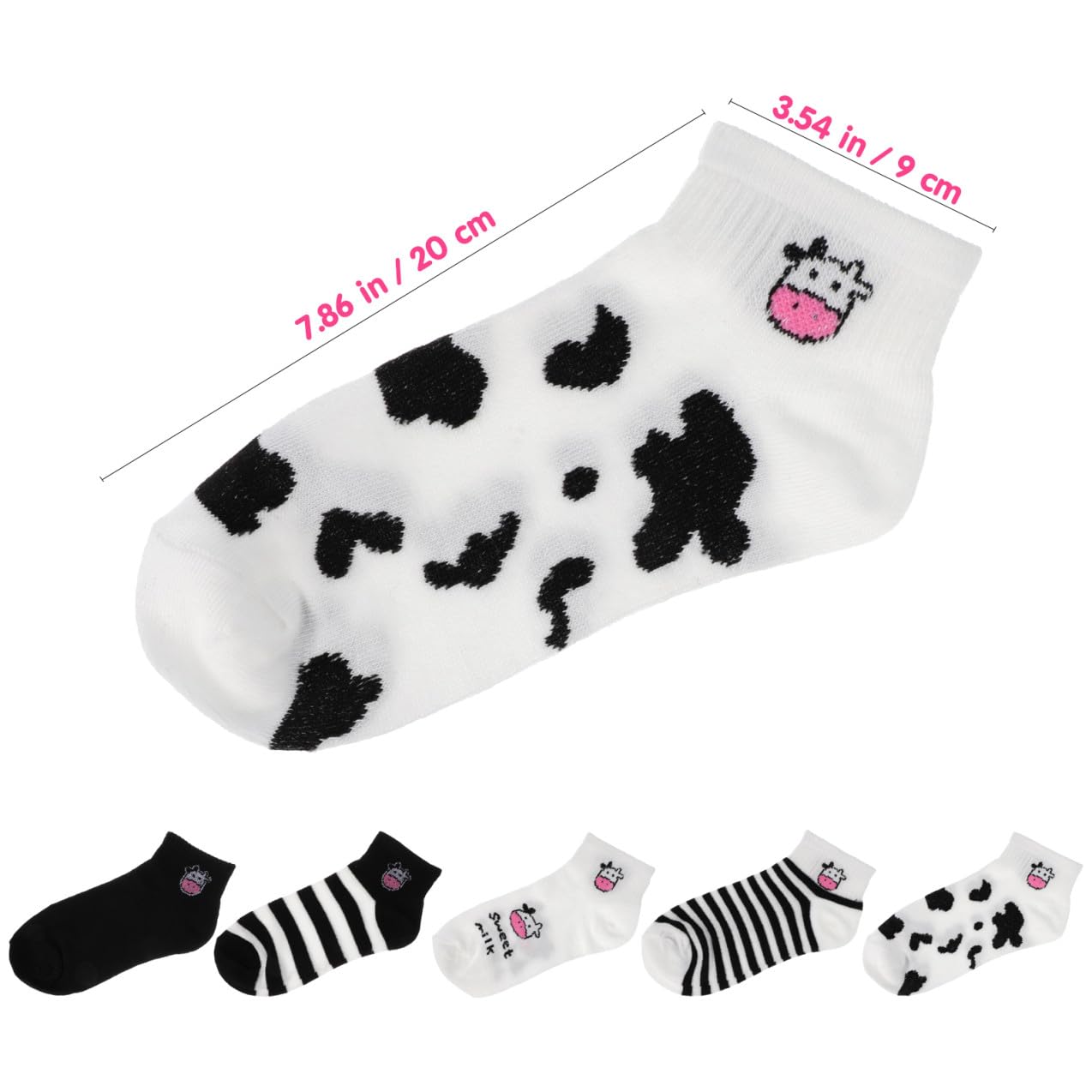 Calcetines de Vaca de Dibujos Animados 5 Pares Algodón Negro Blanco | Fiesta Verano, Corte bajo Cómodo, para Niñas y Teens, Estilo Fashion Adorable
