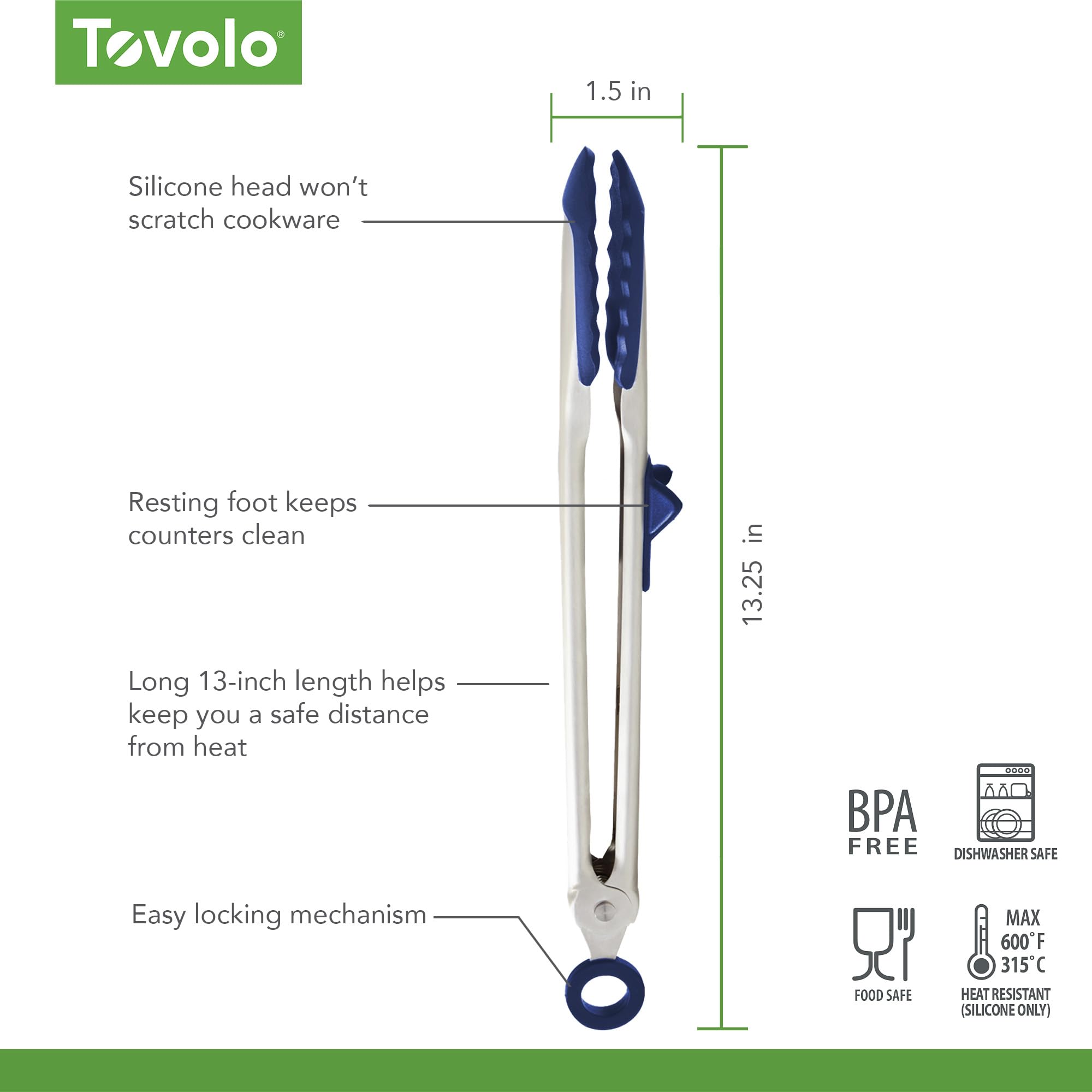 Tovolo Pinzas de cocina de fácil agarre para cocinar con puntas de silicona, mecanismo de bloqueo fácil, utensilios de cocina con pie de descanso, puntas de silicona resistentes al calor y sin BPA