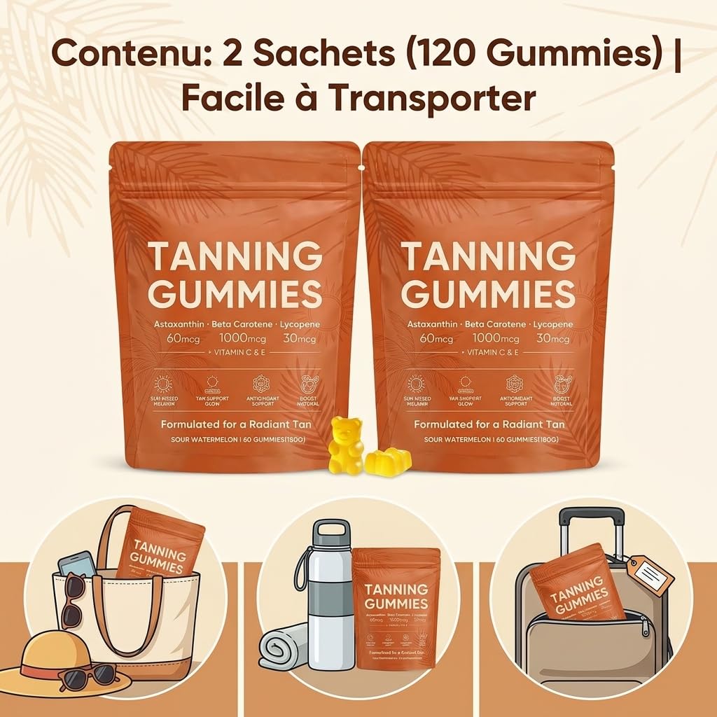 2026 Nouveau Gummies Bronzage pour Hommes et Femmes Gommes de Bronzage Rapide Sans Soleil Hydrate la Peau et Lui Redonne Son Éclat Naturel