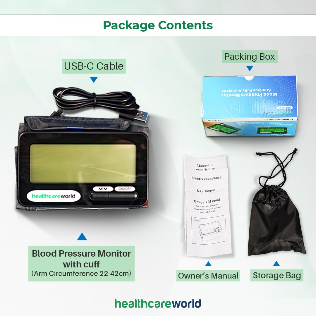 Healthcare World Monitor de presión arterial recargable para uso doméstico, puño ajustable y pantalla LCD brillante para personas mayores, 20 grupos de memoria, inflado automático, monitor de presión