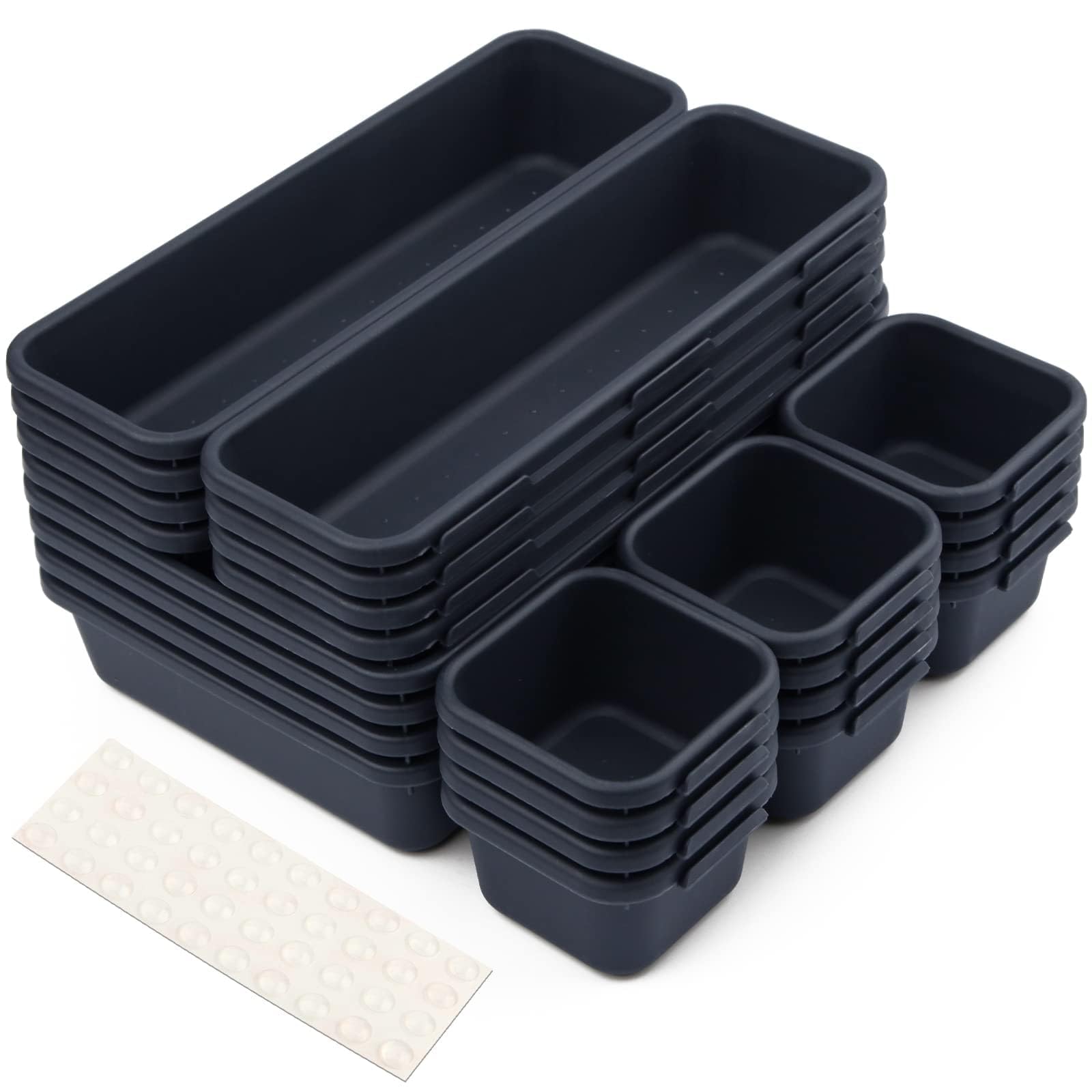 Organizer per Cassetti Cucina Bagno Divisori Cassetti 24 Pcs Organizzatore per Organizzazione Scrivania Contenitori per Trucchi in Plastica con 40 Cuscinetti in Silicone Antiscivolo (Nero)