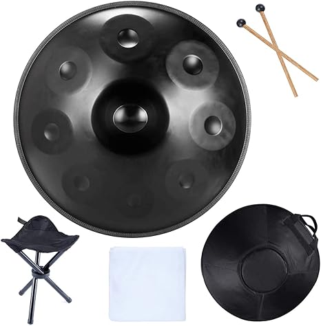 Handpan Drums Sets D Minor 18 inches Steel Hand Drum with Soft Hand Pan Bag, 2 handpan mallet,Handpan Stand (9 Notes, Black)