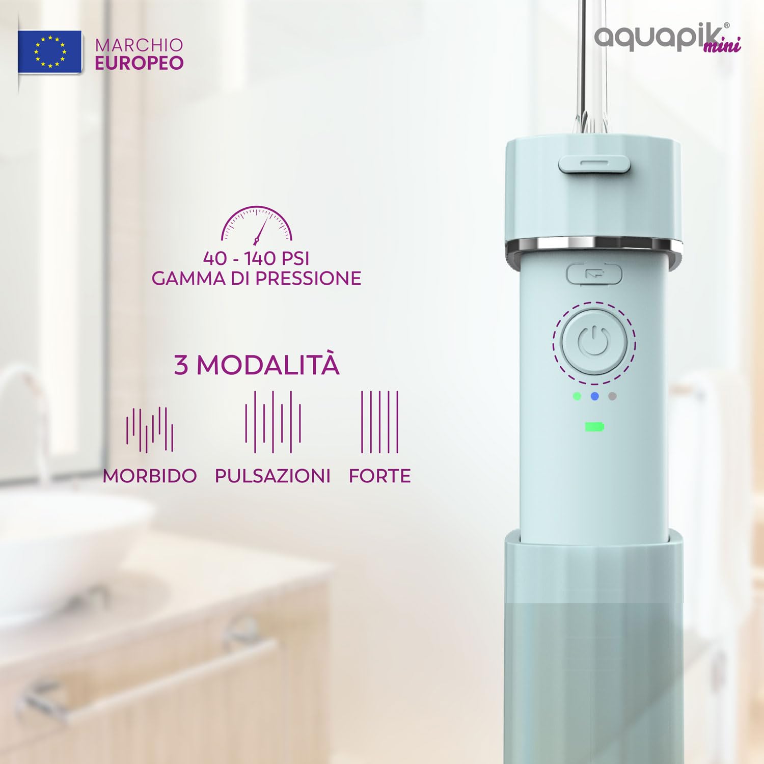 Idropulsore dentale portatile AQmini - 3 modalità, 4 ugelli, serbatoio 200 ml, USB-C, IPX7, compatto per viaggio, ufficio, gengive sensibili