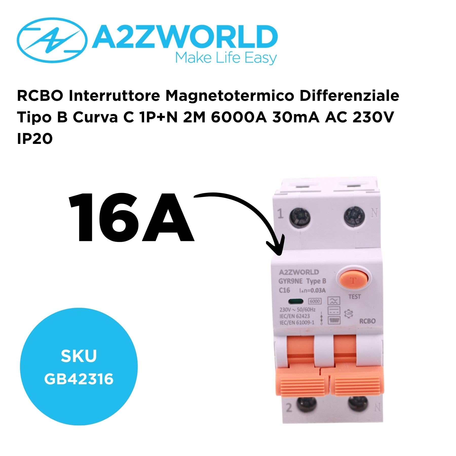 Interruttore Magnetotermico Differenziale Tipo B C16A, RCBO Classe B Curva C 1P+N 6kA 30mA 0.03A, 2 Moduli DIN, Protezione Completo In Uno Dispositivo Compatto