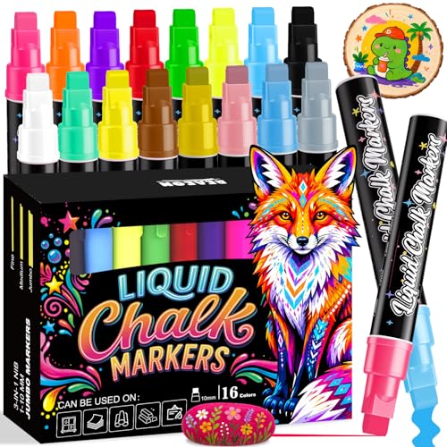 Reaeon 16 Color Jumbo Liquid Chalk Markers - Wet Erase Window Chalk Markers with 10mm 3 in 1 Nib Thick Wide Tips - For Glass, Posters, Windows, Mirror, Chalkboard, Auto