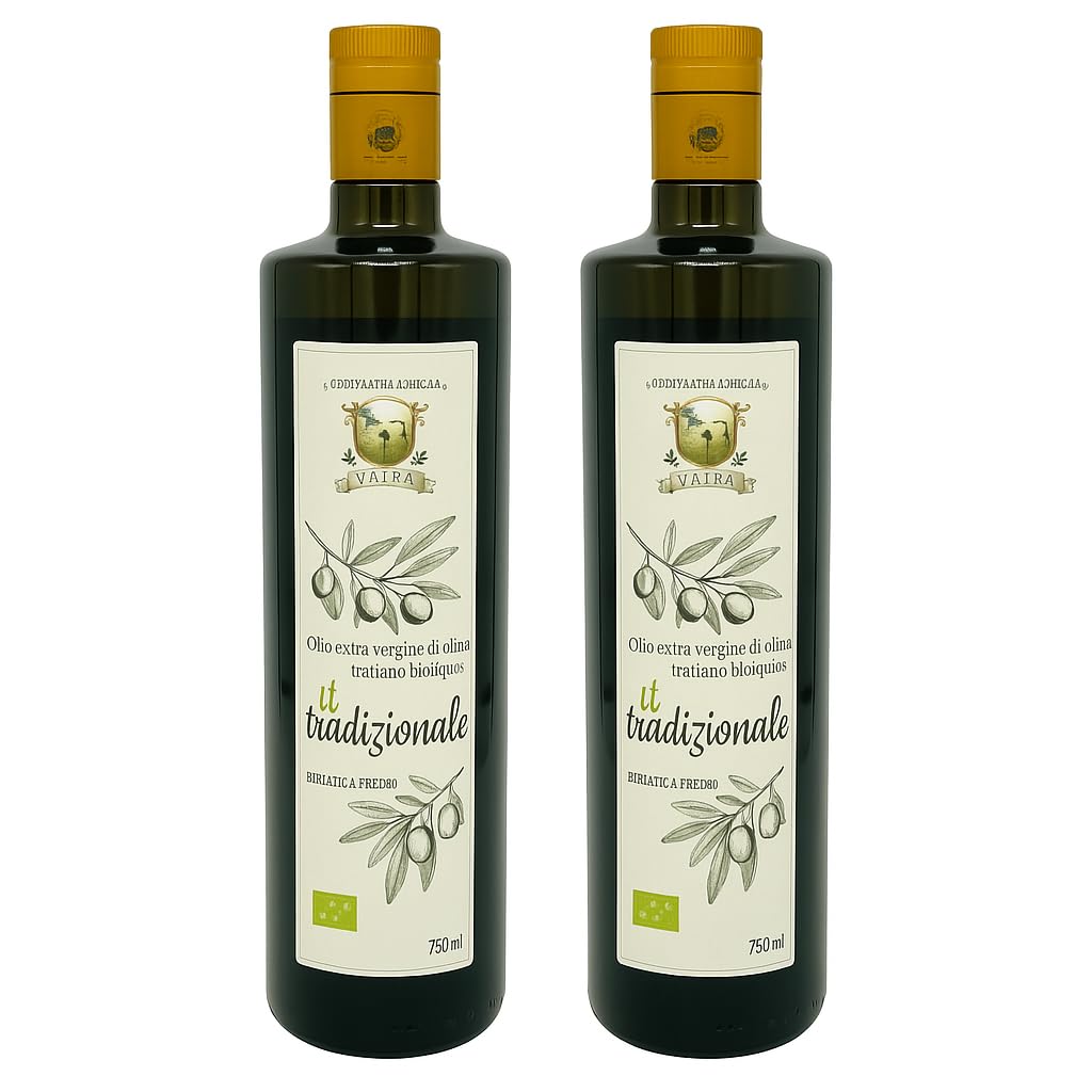 VAIRA Olio Extravergine di Oliva Biologico | Ogliarola Garganica 100% | Fruttato Medio | Estratto a Freddo | 2 Bottiglie da 750ml | Puglia | Ricco di Polifenoli | Vegan | Italiano