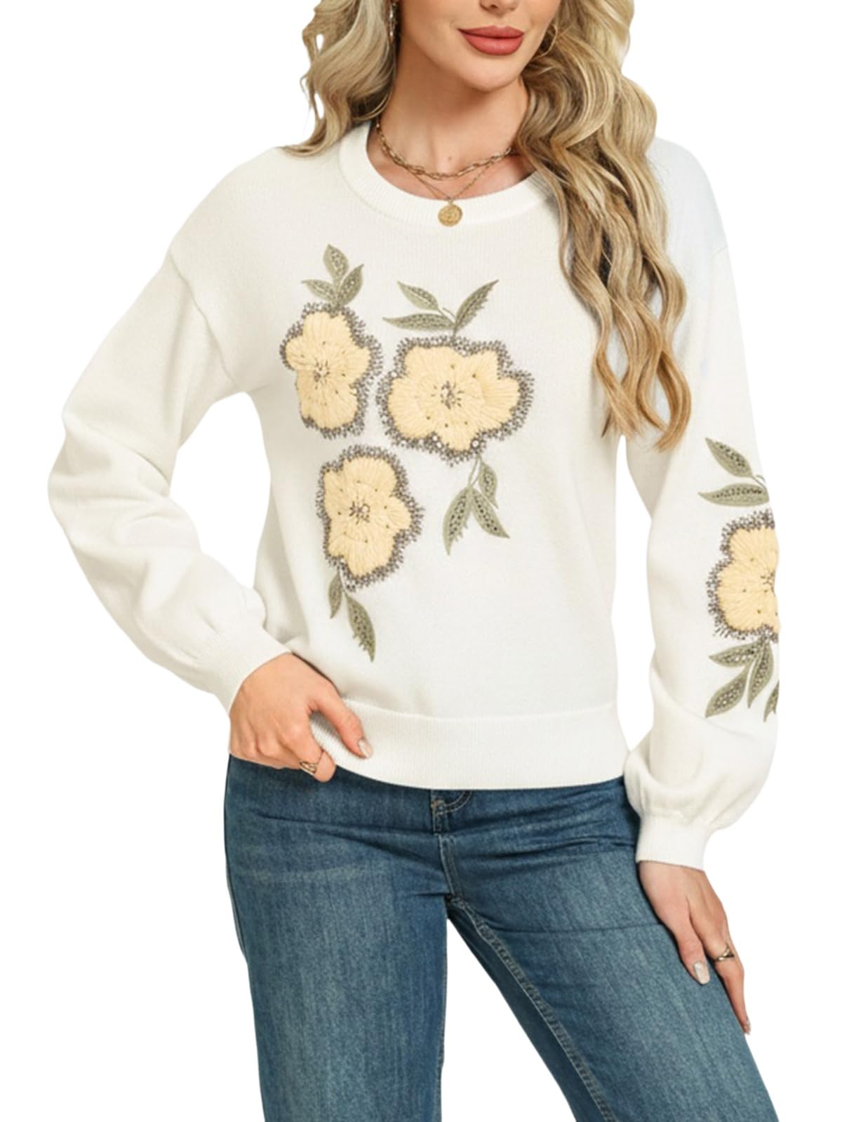 Women Floral Sweaters Fall Cute Long Sleeve Crew Neck Pullover Sweater Casual Knit Trendy Tops