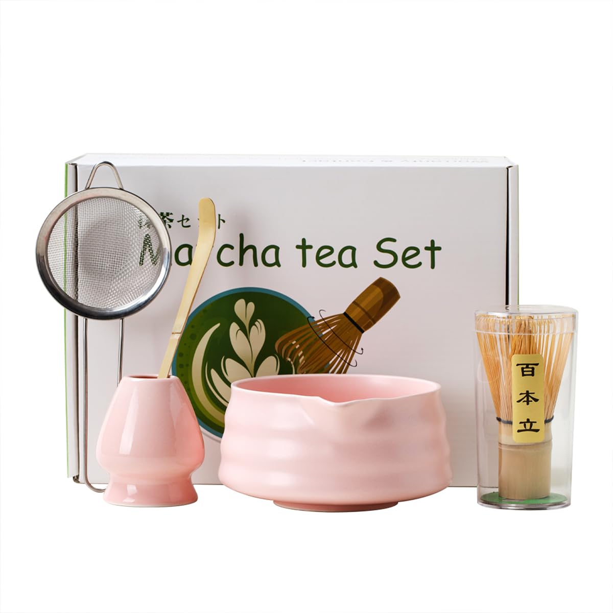 Matcha Set With Bowl, Matcha Sifter, Matcha Whisk Holder - The Perfect Matcha Kit for Tea (Ceramic White 5PCS)