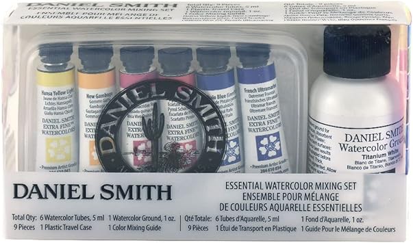 Daniel Smith Watercolor, 5ml Tubes, Essential Mixing Set with 6 Essential Watercolor Tubes, 1oz Watercolor Ground, Mixing Guide, Plastic Case Total 9 Pieces 285610117