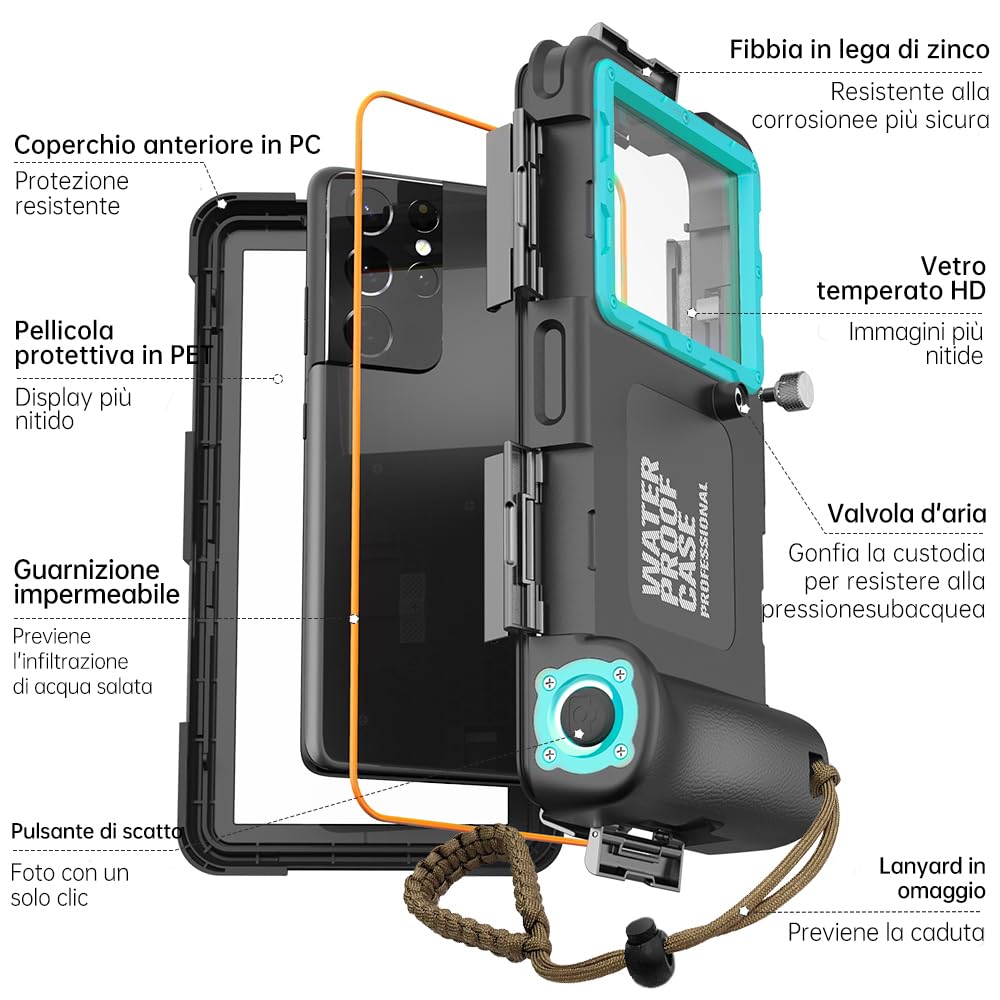 Custodia Impermeabile Subacquea Professionale IP68 15M - Compatibile con iPhone, Samsung, Huawei, Xiaomi - Fino a 6,9 Pollici - Per Immersioni, Snorkeling, Surf e Nuoto (nero/blu-verde)