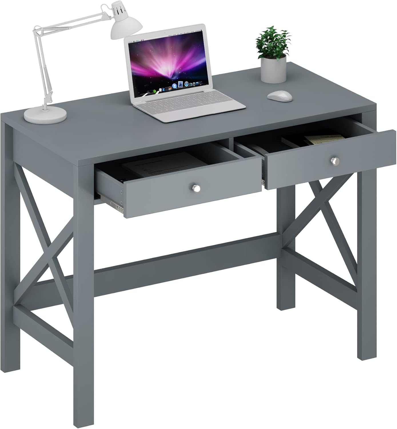 ChooChoo Home Office Desk Writing Computer Table Modern Design Desk with Drawers, Grey - Thumbnail 4
