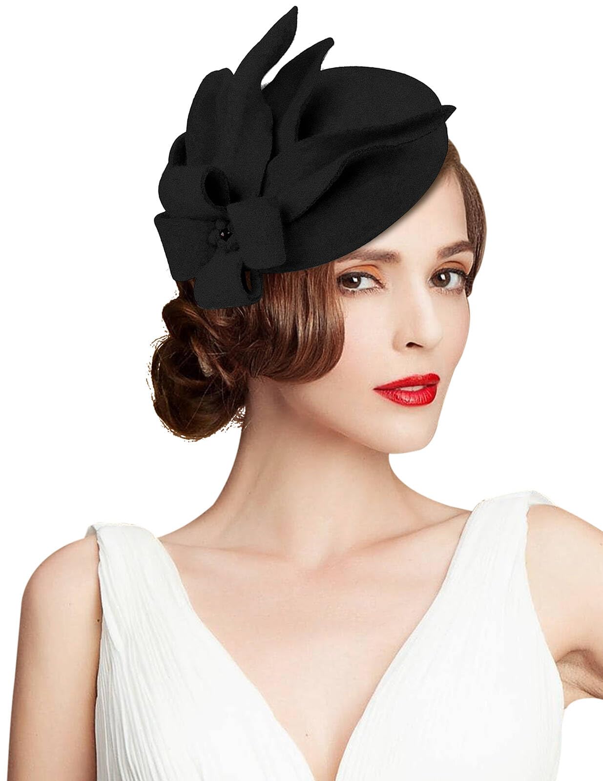 ELLYDOOR Wool Fascinator Pillbox Hat Winter British Wool Felt Hat for Women Wedding Church Hat Flower Fedoras, 2021 Black, One Size