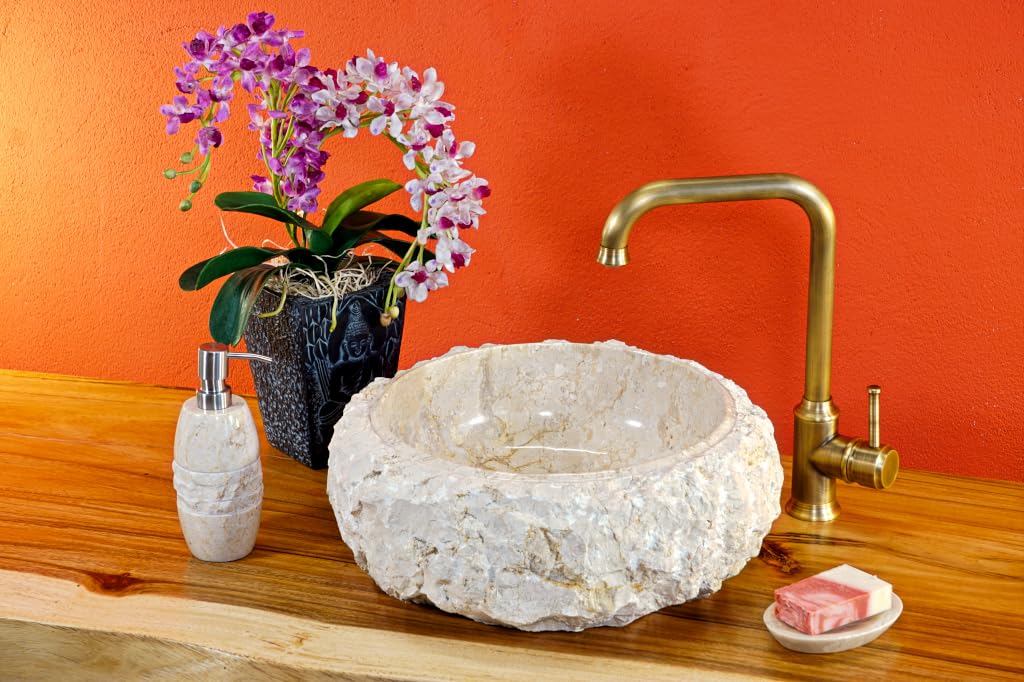 Kinaree Lavabo de mármol de piedra de Bruchstein, lavabo independiente de mármol claro (diámetro 30 cm)