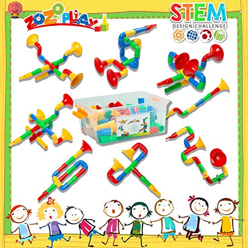 ZoZoplay STEM Toys Tube Locks 72 Piece Tubular Pipes & Spouts & Joints & Whistles Learning Educational Building Block Set with Wheels Gift for Boys Girls - Thumbnail 6