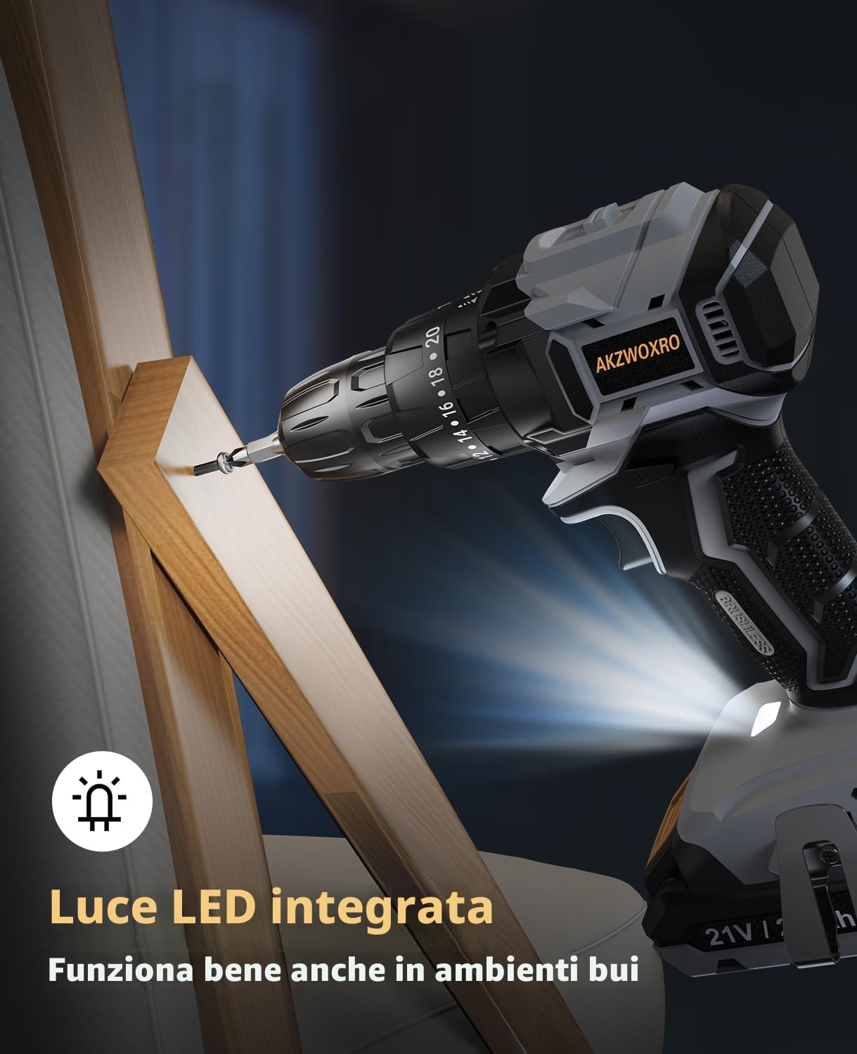 Trapano Avvitatore Batteria 21V, Brushless Avvitatore a Batteria con 2 Batterie da 2.0Ah, 45N.m di Coppia, 2 Velocit¨¤, 20+3 Coppia, 14 Accessori, Luce a LED, Per il fai da te, Grigio
