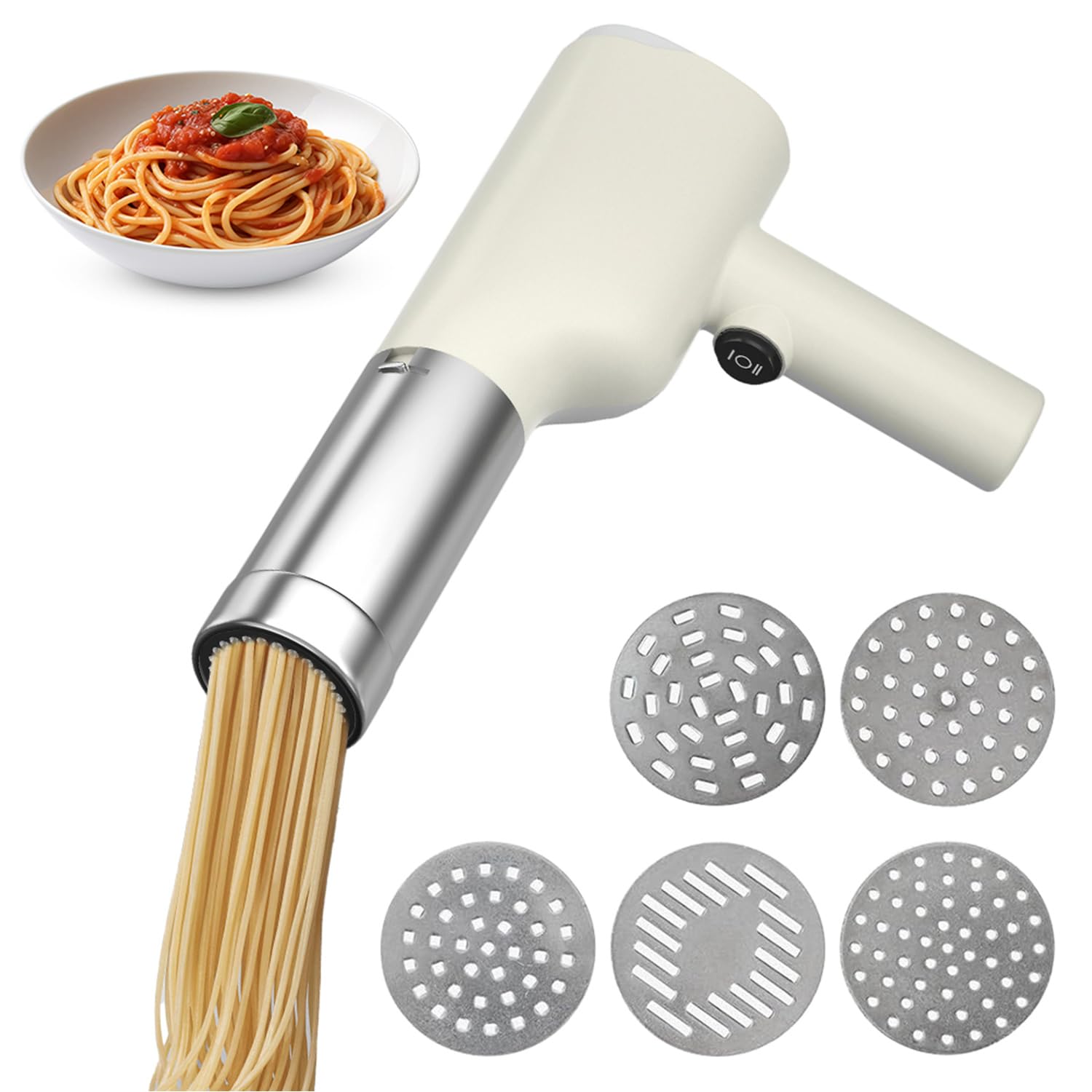 Elektrische Hand Nudelmaschine, Kabellose Pasta Maker mit 5 Nudelformen & Messbecher, Wiederaufladbar für Frische Pasta, Weiß