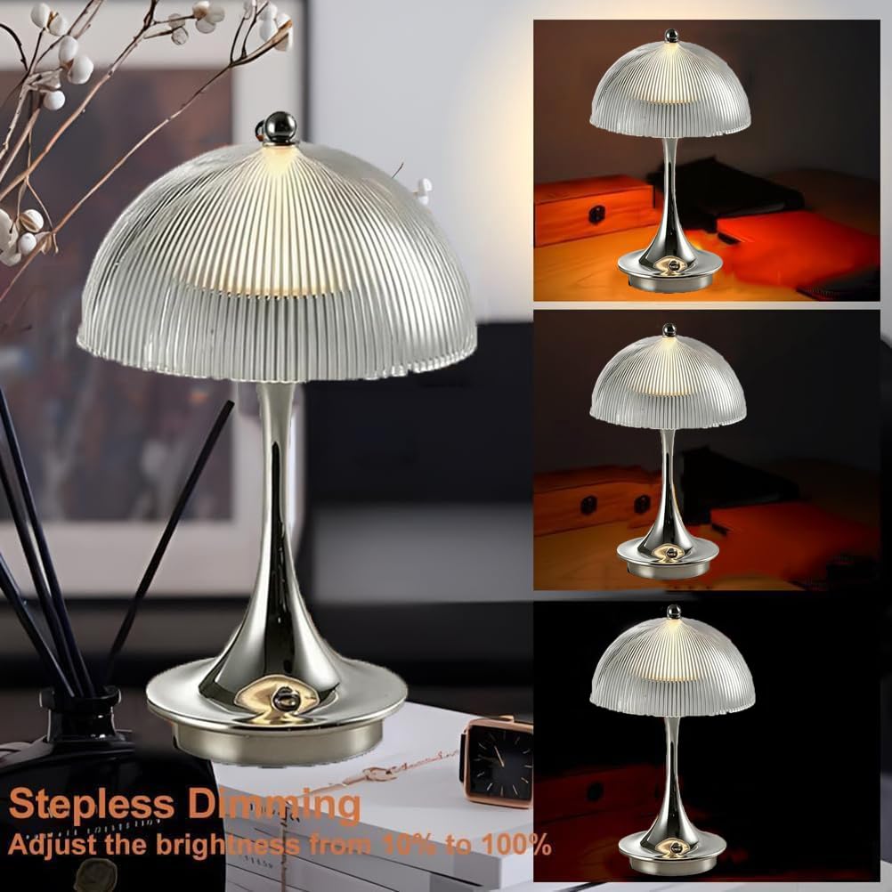 AoLa Pilz Tischlampe Kabellos Akku Pilz Lampe LED Dimmbare Tischleuchte mit Touch Control USB Aufladbar Batteriebetrieben Nachttischlampe Ohne Kabel Mushroom Lamp für Schlafzimmer Esstisch,Chrome