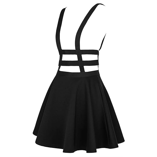 EXCHIC Women's Braces Skirt Pleated A-Line Suspender Mini Skirt (L, Black)
