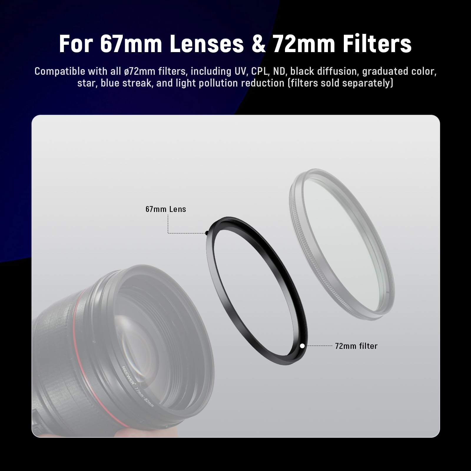 NEEWER Adapter z pierścieniem Step Up 67-72 mm (2 sztuki) ze ściereczką do czyszczenia, ultracienki pierścień adaptera filtra obiektywu ze stopu aluminium do obiektywu aparatu 67 mm do użycia filtra