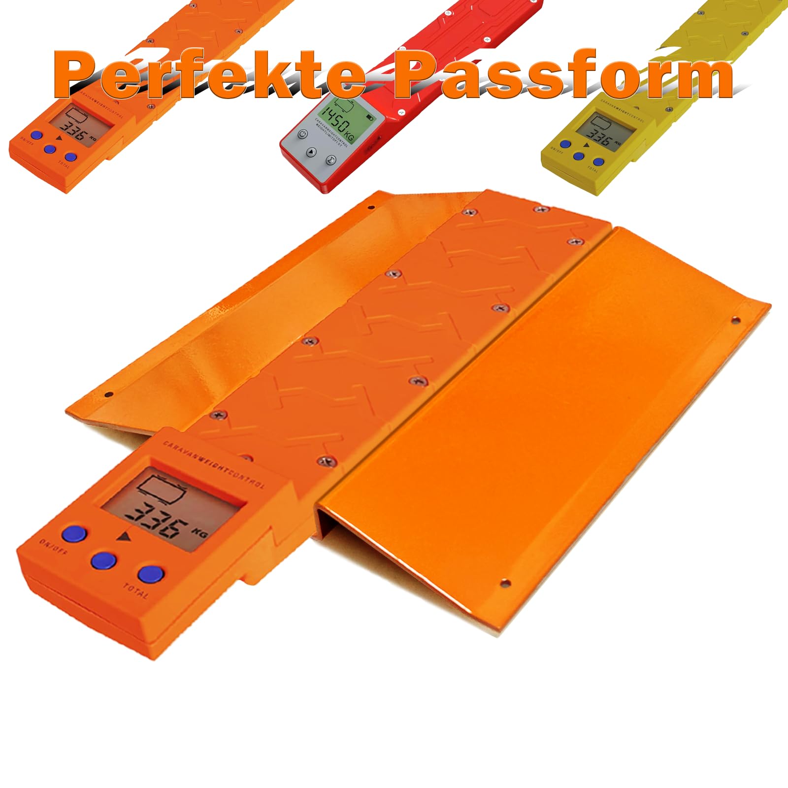 Auto-Fahrassistenz Hilfsrampe für Reich Berger CWC-Waagen mit montagemäßigem Halter, geeignet für Gewichtskontrollmessungen von Anhängern, Wohnmobilen, Campingwagen und Sattelzügen (orange).