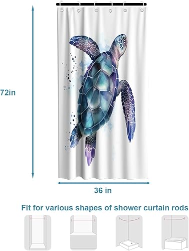 Vista 220 de Cortina de ducha de tortugas marinas, temática náutica de playa, verde y verde azulado, sin ganchos, punto gofre y forro desmontable, decoración