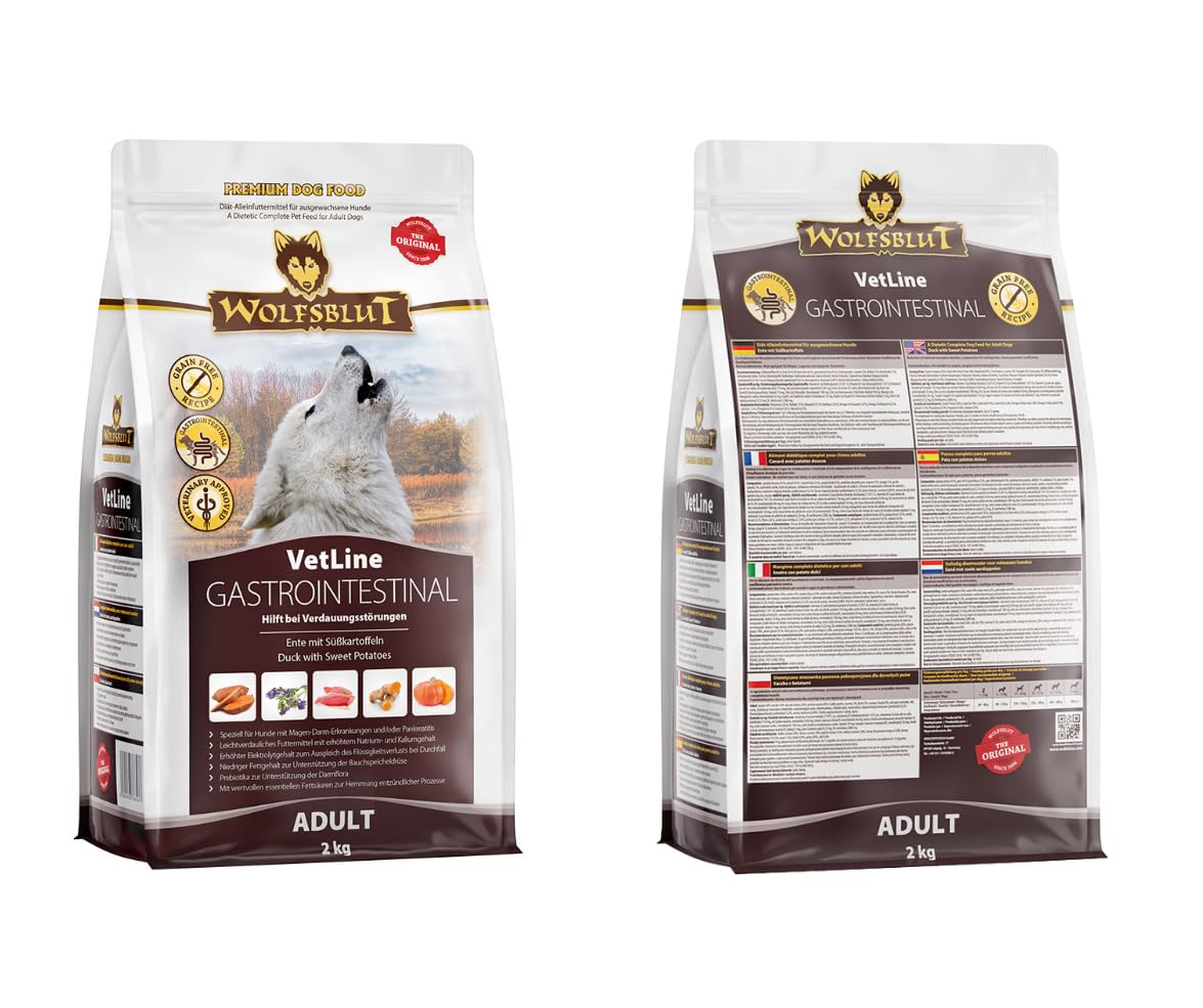 Wolfsblut Vetline Hundefutter - GASTROINTESTINAL, 2x2kg - Sparbundel, Sparpaket - inklusive Warnicks Tierfutterservice Hundesnack Goodie