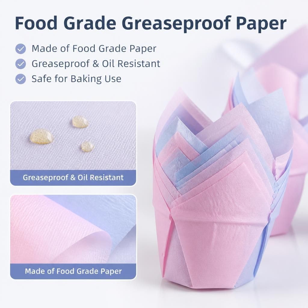 100 Pack Pink Blue Cupcake Liners Large Muffin Liners Tulip Baking Cups Paper Cupcake Wrappers Greaseproof Baking Cups Large Cupcake Liners for Kitchen Party Wedding Birthday Baking (Pink)
