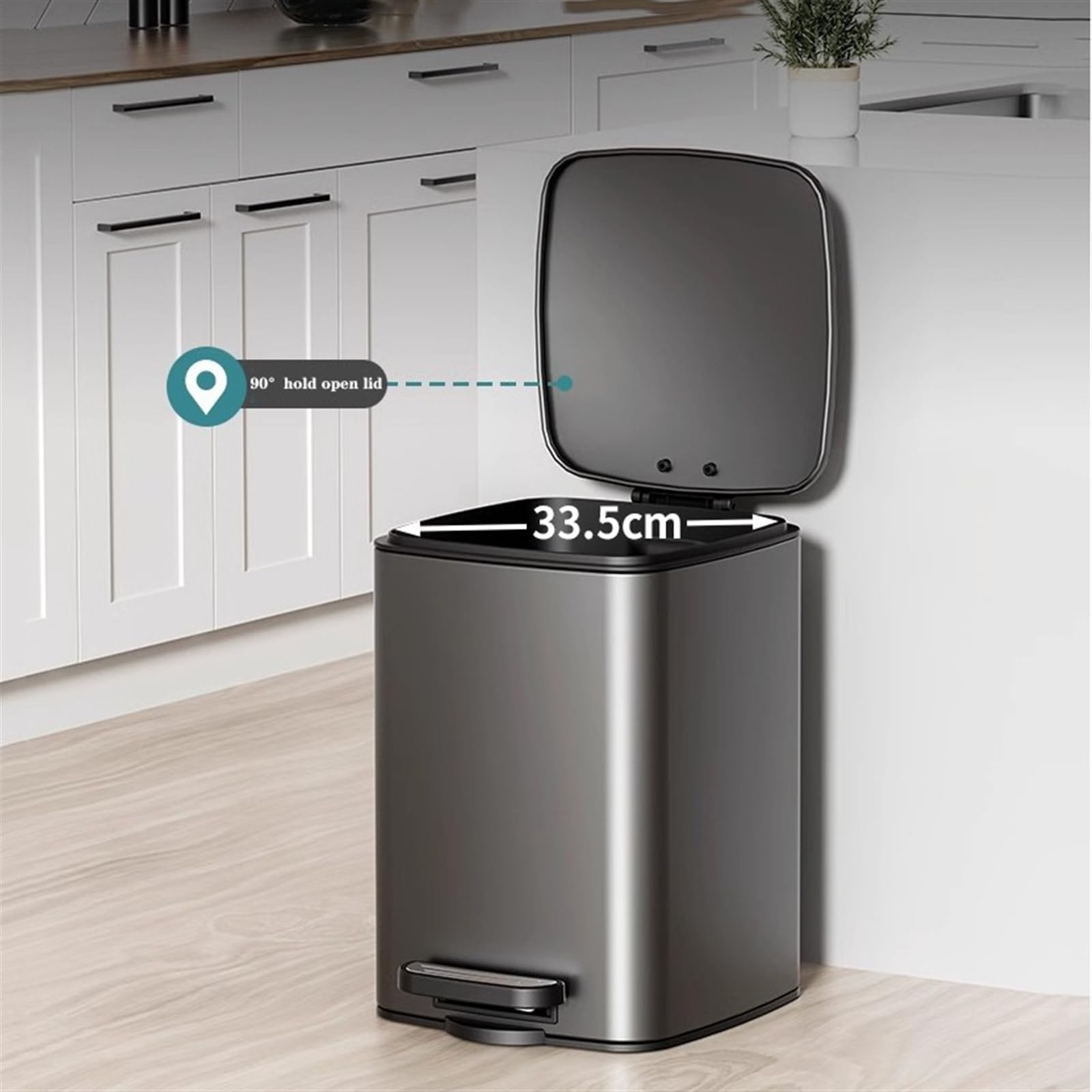 Müll- und Papierkorb Freihändiger quadratischer Mülleimer, verdickter Edelstahl-Treppenmülleimer mit Inneneimer und Soft-Close-Deckel for Küche, Bad, Wohnzimmer Küchenmülleimer(Schwarz,15L)