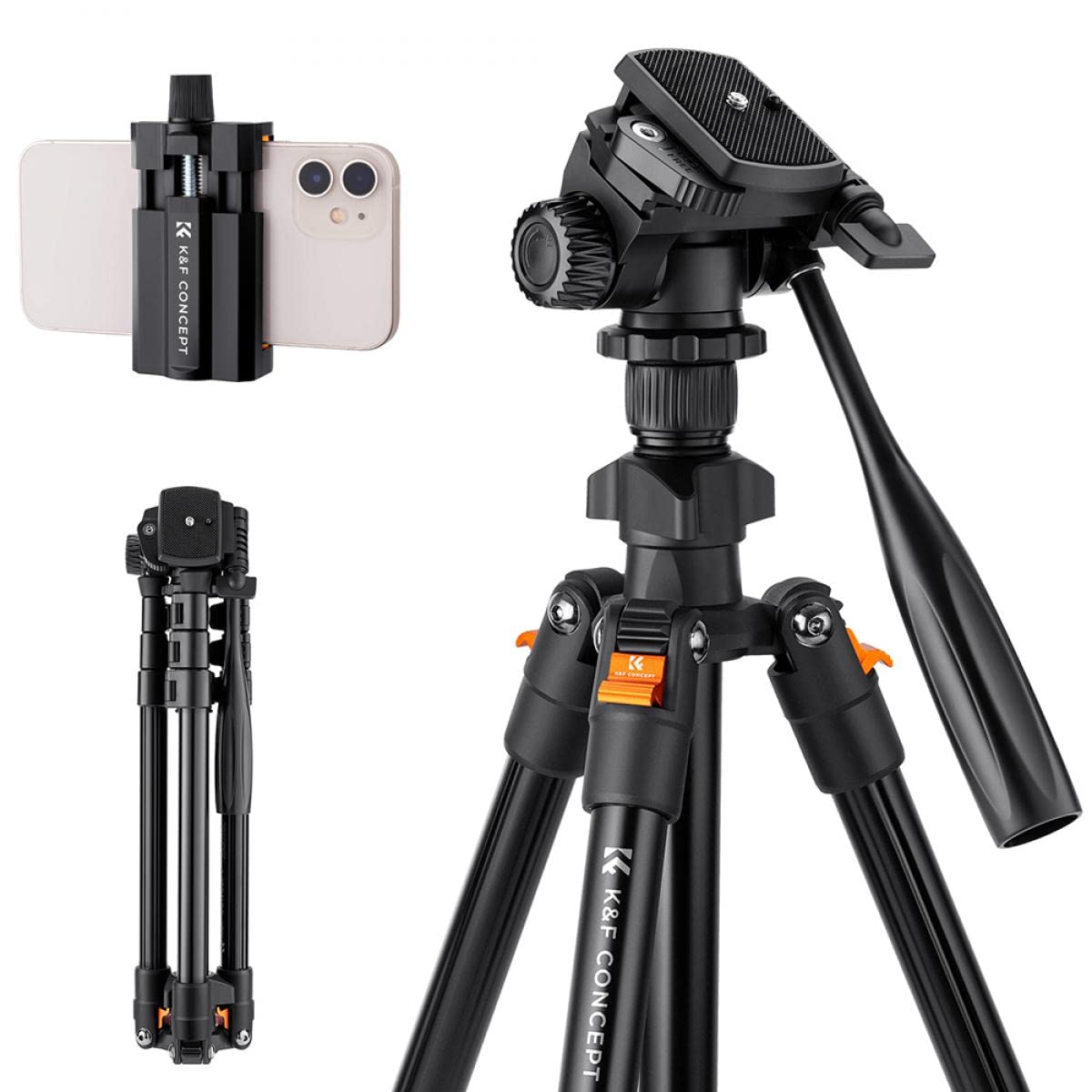 K&F CONCEPTK234A0 Camera Tripod w/Video Head & Mobile Phone Clip | Payload 3Kg | Macro Function | Quick Release Plate | Tripod Bag for Landscape Photography | 1.26Kg - 162 cm