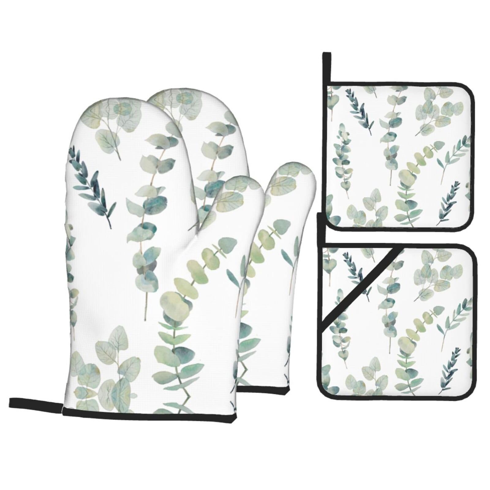 Eucalyptus Leaves Print Oven Microwaving Waterproof Kitchen Gloves for Baking Grilling Holiday Cooking