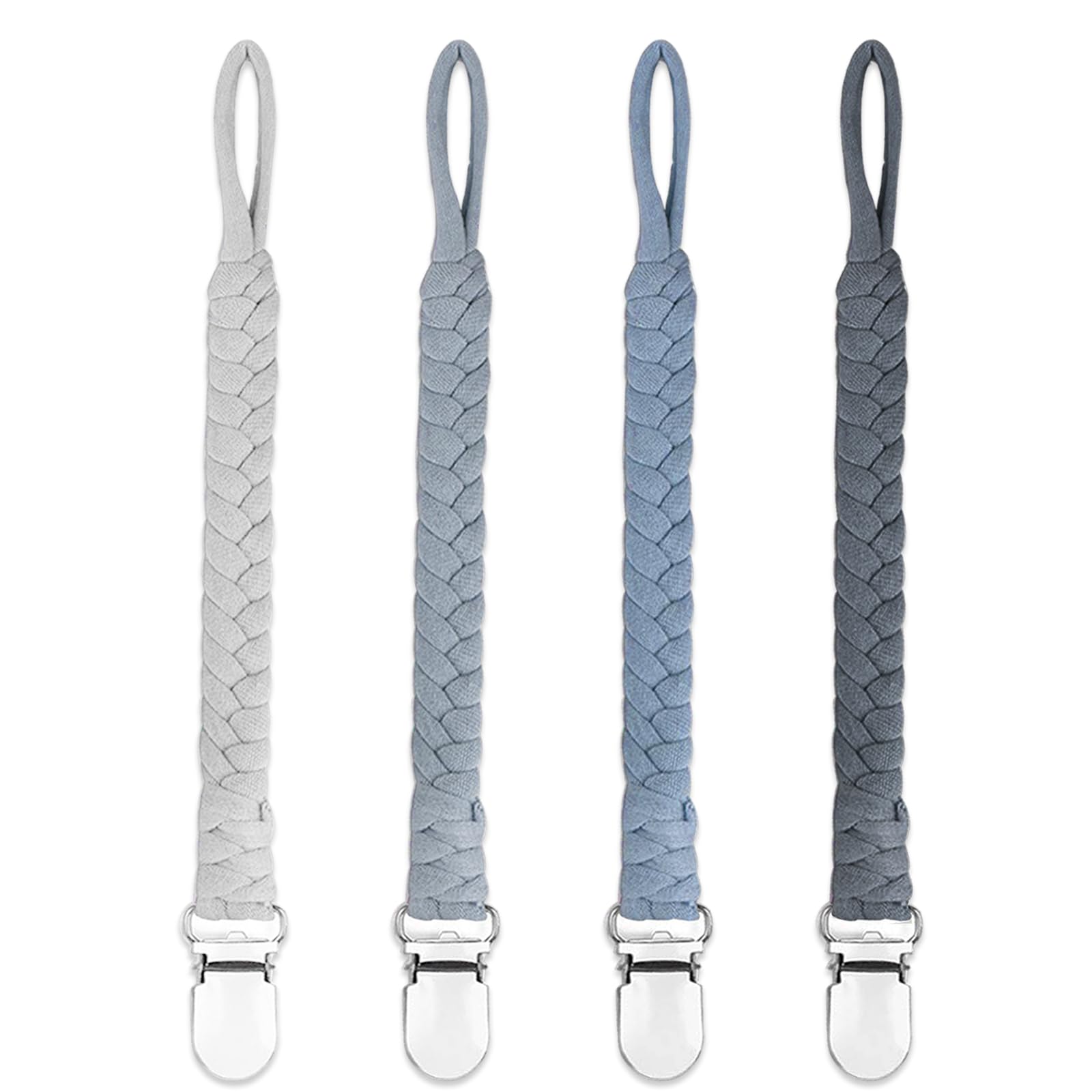 duludulu 4 Pcs Pacifier Clip, Pacifier Clips for Boys & Baby Girls Pacifier Holder Clip Binky Clips Braided 100% Handmade Fits All Pacifiers(Grey, 4